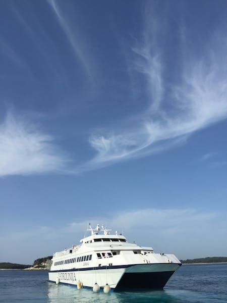 A sleek ferry cruising under a bright blue sky, showcasing modern maritime travel.