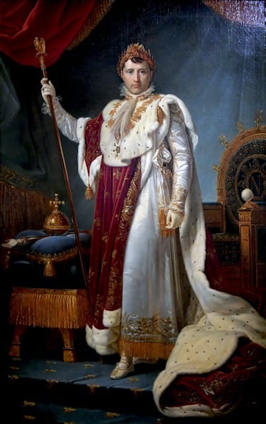 Classic painting of Napoleon in imperial robes, exemplifying historical artistry.