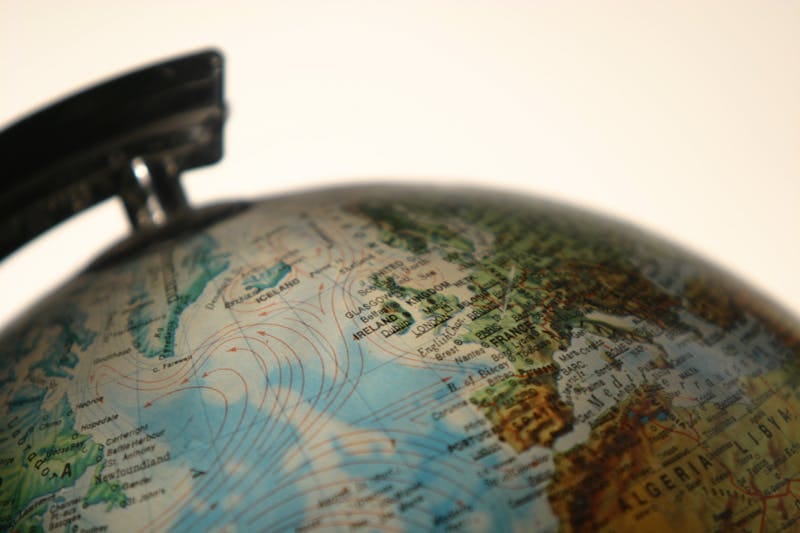 Detailed view of a globe focusing on Europe and Africa, showcasing geographical details.