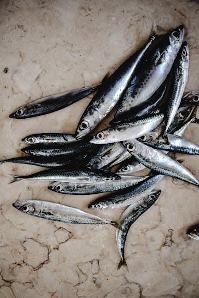 Close-up of fresh sardines laid out on a marble texture, perfect for seafood lovers.