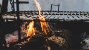 Close-up view of firewood burning in a fire pit with a metal grill above, outdoor setting.