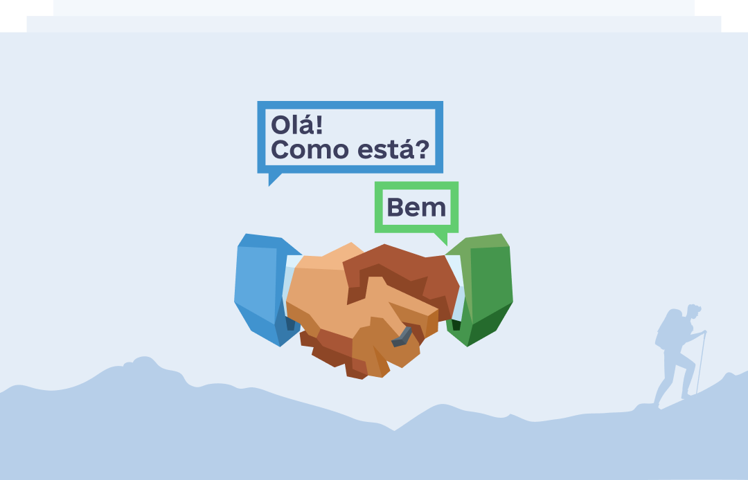 Handshake with Portuguese greeting speech bubbles illustration